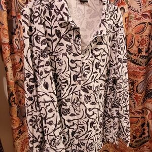 100% Cotton Tianello Steve Barrazo, Black and White Floral Button-Up Shirt, L